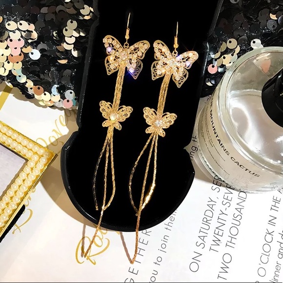 Gold Tone Long Butterfly 🦋 Earrings - Picture 2 of 5